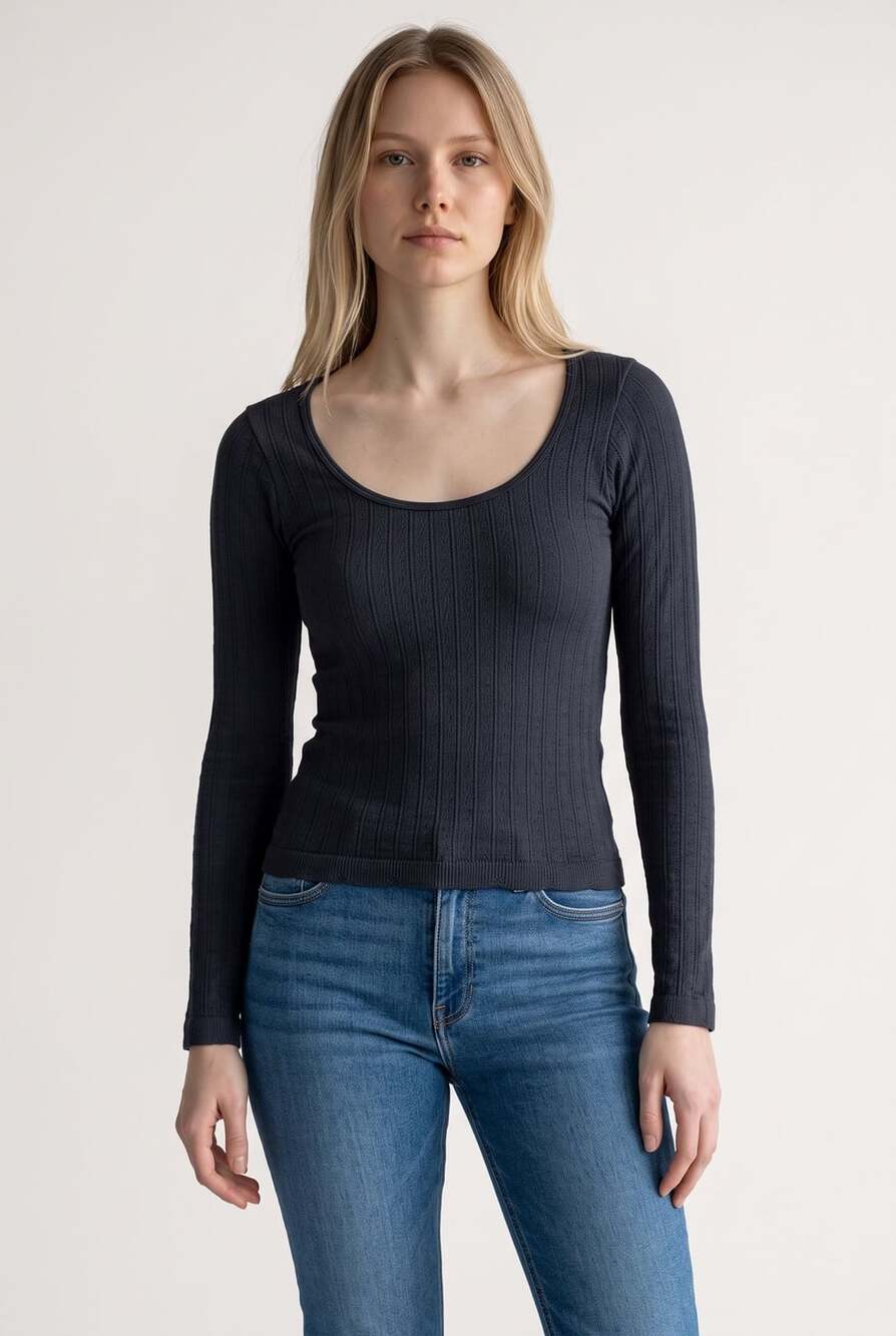 Anthropologie Pointelle Long Sleeve Top Size S Black